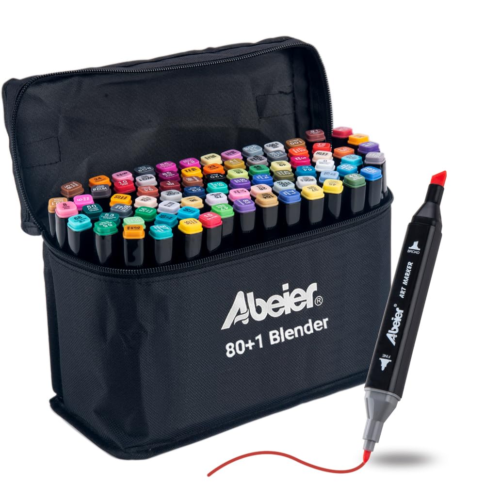 Abeier ABEIER 80 Colors Alcohol Based Markers, Dual Tip Drawing Markers  Set, Plus 1 Colorless Blender Pen, Permanent Sketch Animation M