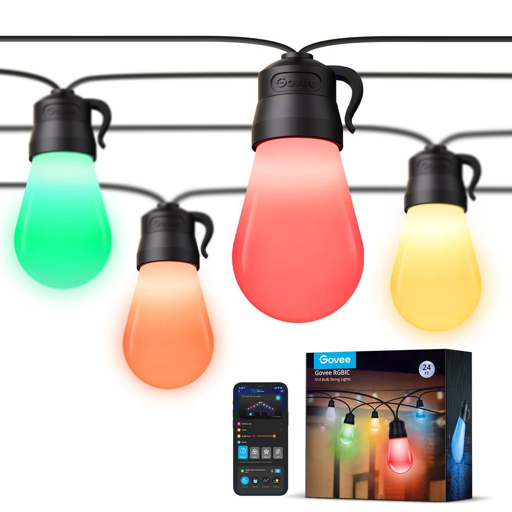 Govee Smart Outdoor String Lights with 8 Dimmable RGBIC LED Bulbs, 24ft IP65 Waterproof Shatterproof Halloween Decorations, Colo