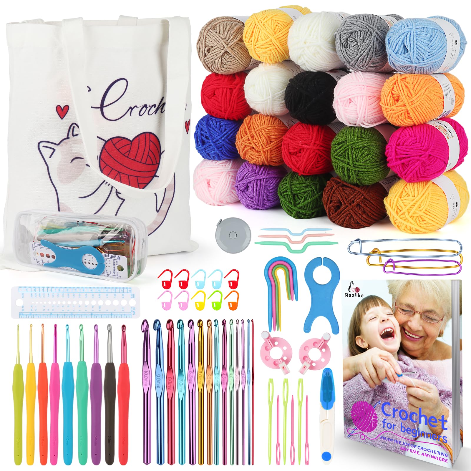 Aeelike Learn to Crochet Kits for Beginner, Crochet Starter Kit with  Everything,1093 Yards Acrylic Yarn for Crocheting, 78pcs Cr