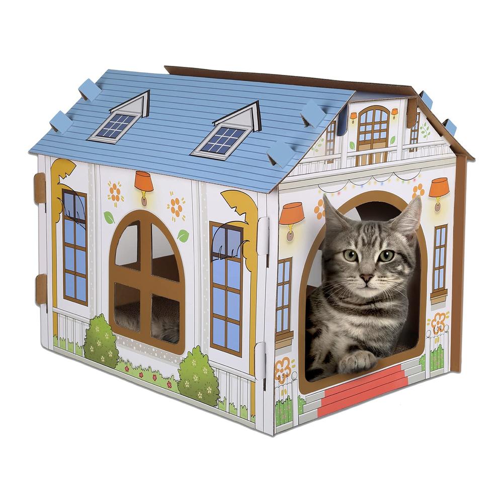SEKAM Cardboard Cat House with Scratcher/Catnip, (16.5''L x 12''W x 13''H) Cat Play House for Indoor Cats, Cat Scratching Toy, C