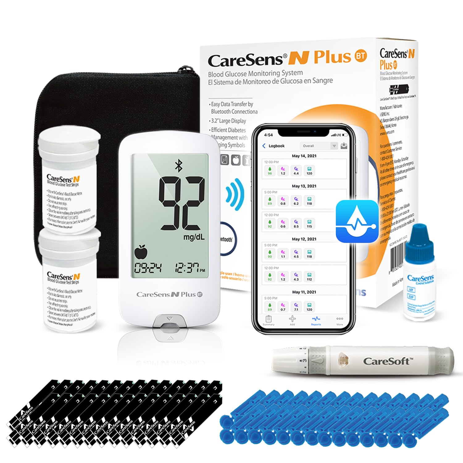 CareSens N Plus Bluetooth Blood Glucose Monitor Kit with 100 Test Strips, 100 Lancets, 1 Blood Glucose Meter, 1 Lancing Device, 
