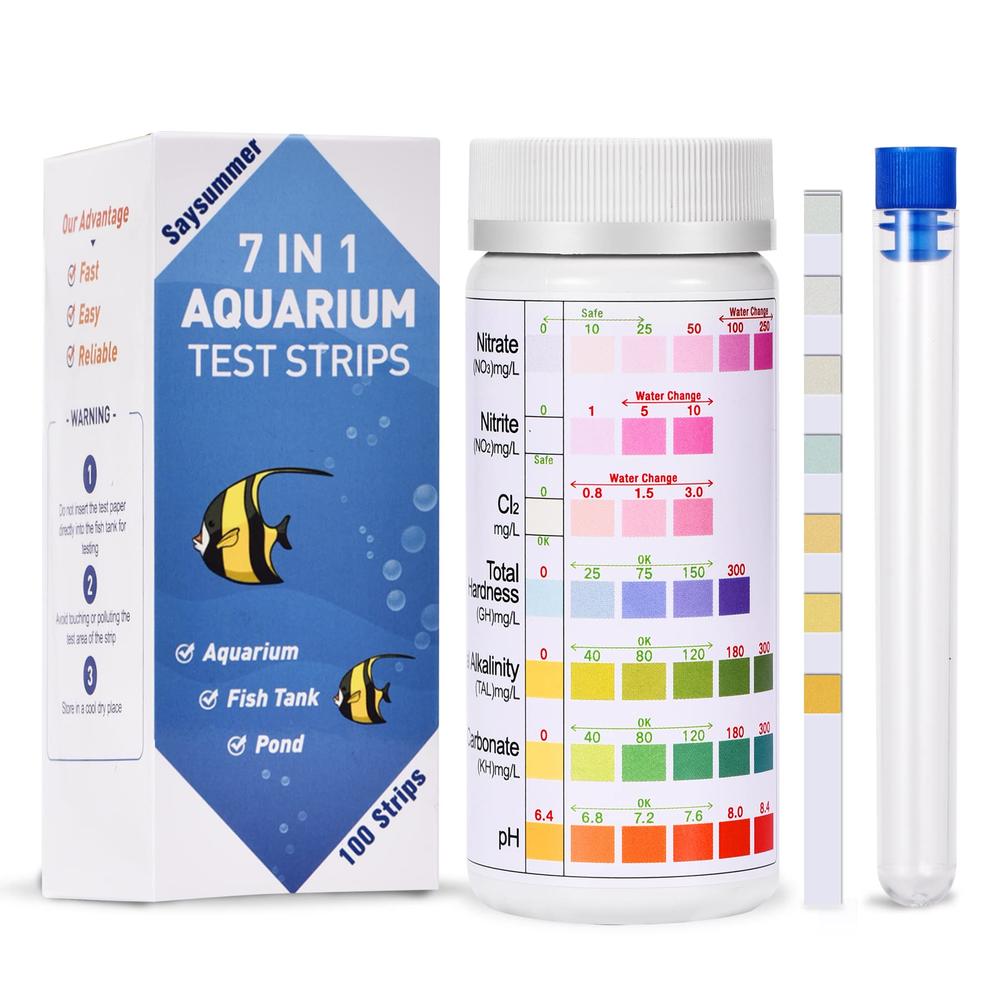 SaySummer 7-Way Aquarium Test Strips, 100 Strips Aquarium Testing Kit for Freshwater Saltwater, Fish Tank Pond Test Strips Testing pH, Alk