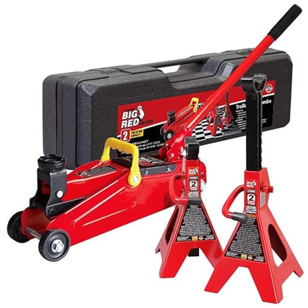 BIG RED T82001S Torin Hydraulic Trolley Service/Floor Jack Combo with 2 Jack Stands and Blow Mold Carrying Storage Case, 2 Ton (