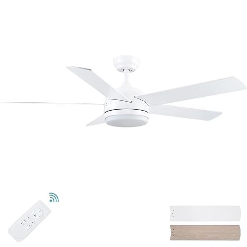 YUHAO 52 inch White Ceiling Fan with Lights and Remote Control,Quiet Reversible Motor,Dimmable tri-Color temperatures LED,5 Blad