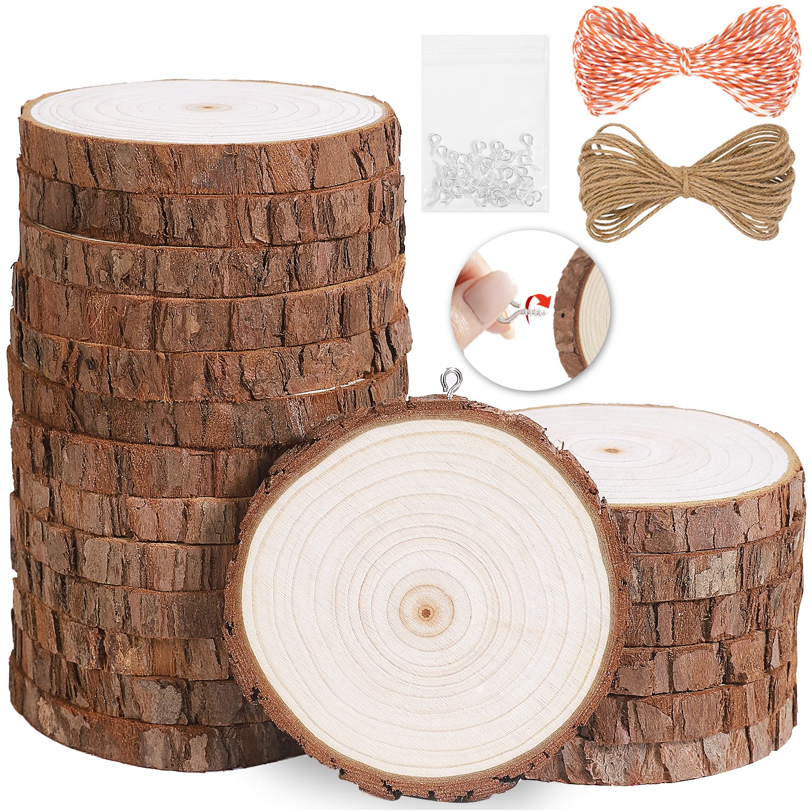 LRAERZ Natural Wood Slices 20Pcs 3.5-4.0 in Unfinished Wood Kit with Screw  Eye Rings, Complete Wood Coaster, Wooden Circles for Crafts
