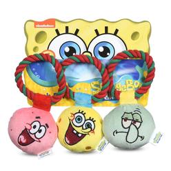 SpongeBob SquarePants for Pets 3 Pc Holiday Ornaments Plush with Rope Dog Toys with Squeaker | Dog Toys for Spongebob Fans | Squ