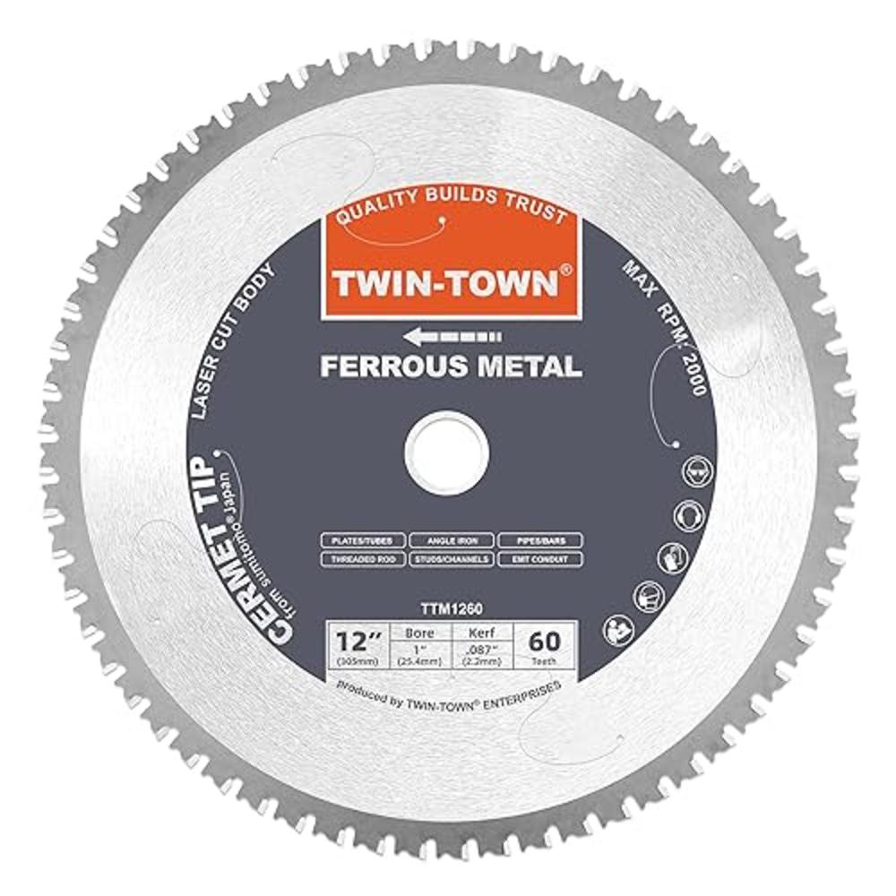 TWIN-TOWN 12-Inch 60 Teeth Steel and Ferrous Metal Cermet Saw Blade with 1-Inch Arbor