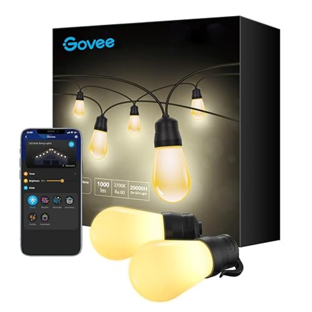 Govee Outdoor String Lights, 48ft Smart Outdoor String Lights with 15 Dimmable Warm White LED Bulbs, IP65 Waterproof Shatterproo