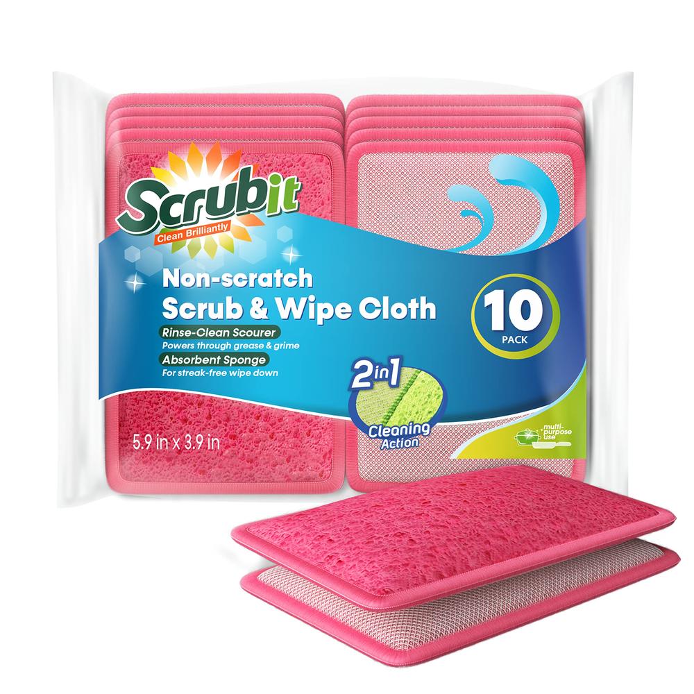 ScrubIt Scrub and Wipe Scrubbing Pads [10 Pack] - SCRUBIT Dual Sided Scouring Pad and Sponge - Reusable Kitchen Scrubbing Sponges for Di