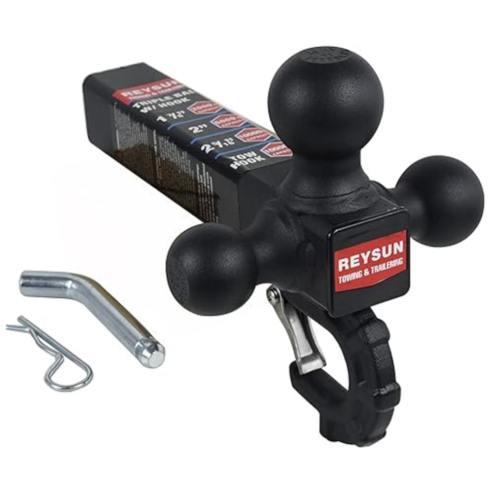 REYSUN Trailer Hitch Tri Ball Mount with Hook, Tactical Tow Hook, Fits 2 inch Hitch Receiver, Secure with Self-Lock Latch, Matt 