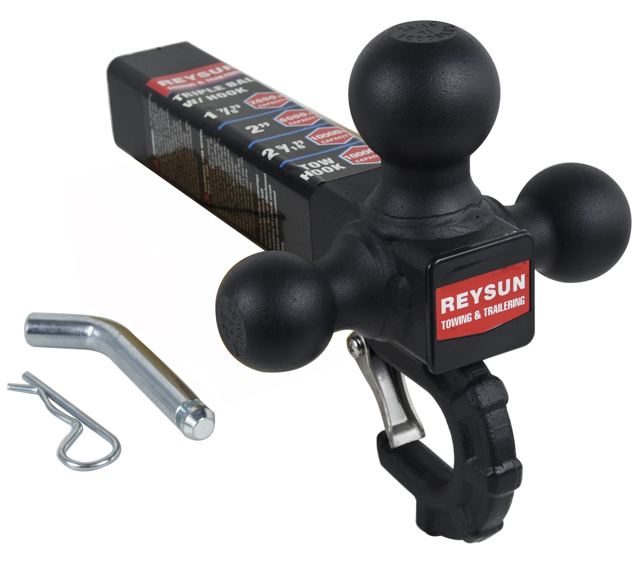 REYSUN Trailer Hitch Tri Ball Mount with Hook, Tactical Tow Hook, Fits 2 inch Hitch Receiver, Secure with Self-Lock Latch, Matt 