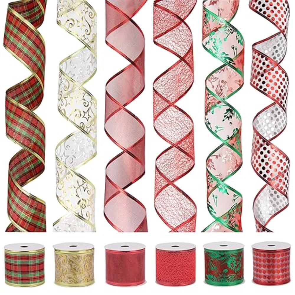 VATIN Christmas Ribbon,Wired Holiday Party Ribbons Assorted Plaid Dot ...