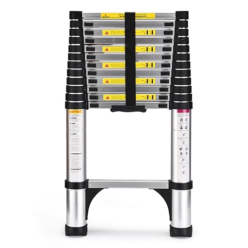 Soctone Telescoping Ladder, SocTone 12.5 FT Aluminum Lightweight Extension Ladder with 2 Triangle Stabilizers, Heavy Duty 330lbs Max Cap