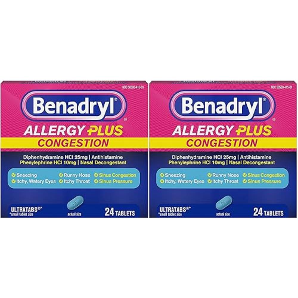 Benadryl Allergy Plus Congestion Ultratabs, Allergy Medicine with Diphenhydramine HCl Antihistamine & Phenylephrine HCl Nasal De