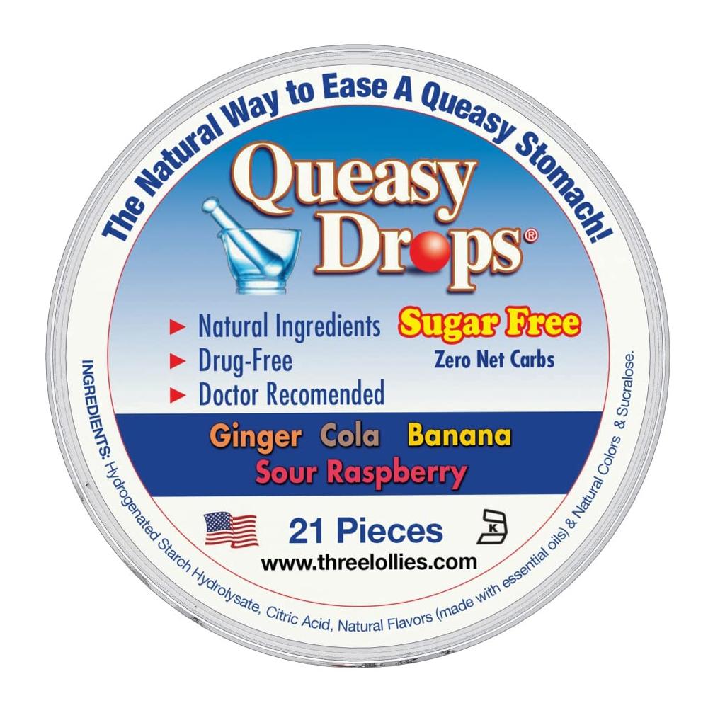Three Lollies Queasy Drops Sugar Free, (Chemo, Motion Sickness, Hangover etc.), Drug Free & Gluten Free, Five Flavors: Ginger, Papaya, Cola, B