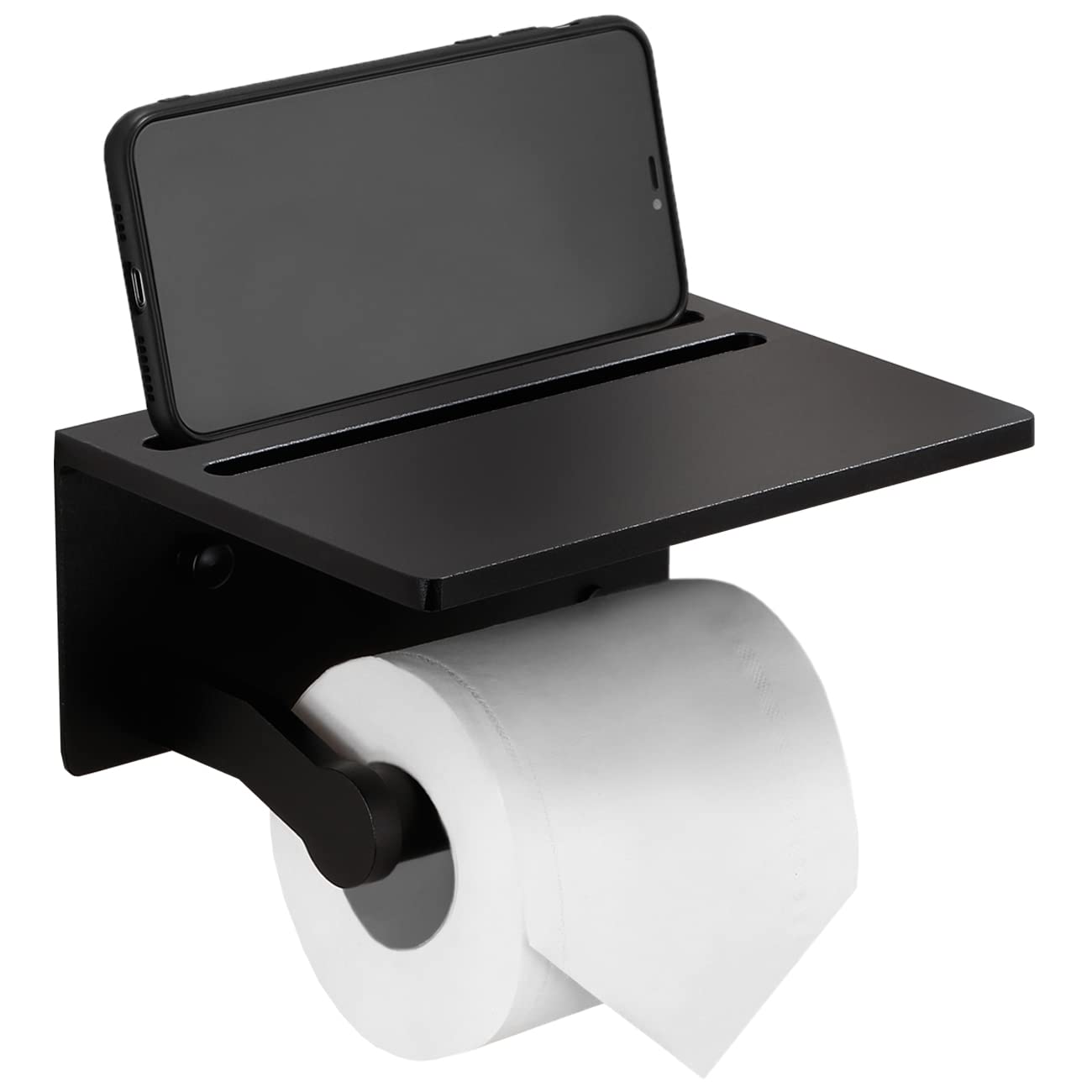 Homely Trove Smarthome Toilet Paper Holder with Shelf, Black Anti-Rust Aluminum Tissue Roll Holder with Mobile Phone Storage Shelf for Bathro