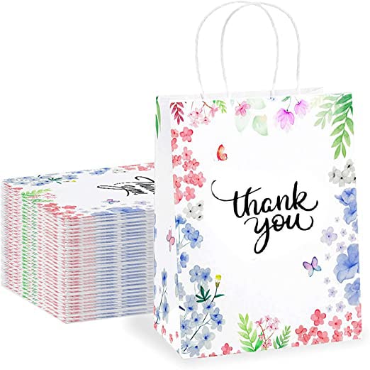 Purple Q Crafts Thank You Gift Bags 25 Pack 8" X 4" X 10" Small Paper Bags With Handles Floral Design Thank You Bags For Busines