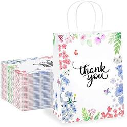 Purple Q Crafts Thank You Gift Bags 50 Pack 8" X 4" X 10" Small Paper Bags With Handles Floral Design Thank You Bags For Busines