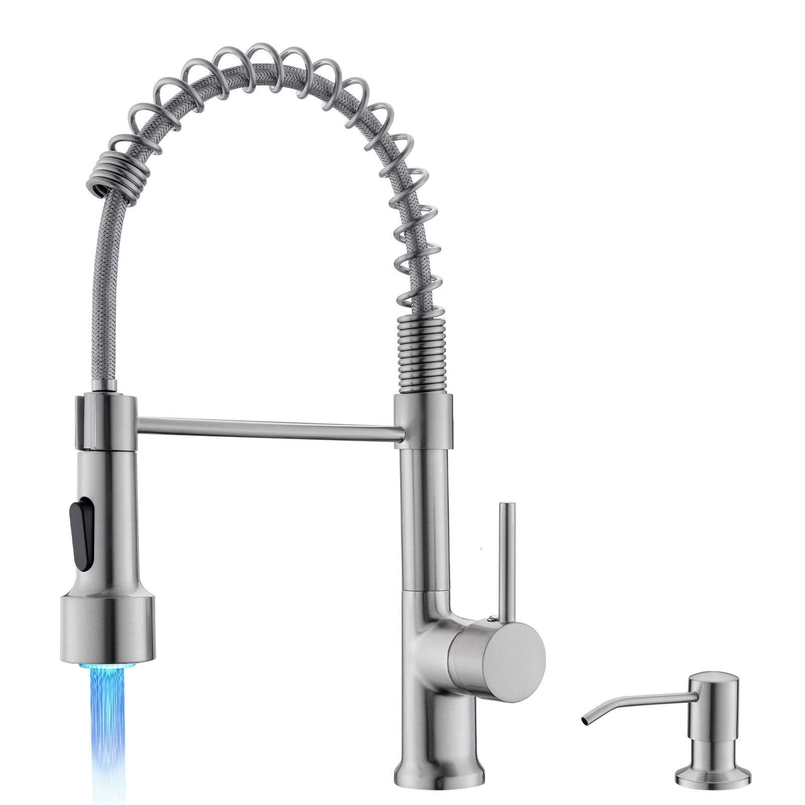 GIMILI LED Kitchen Faucet with Soap Dispenser, Modern Single Handle Spring Kitchen Sink Faucets with Pull Down Sprayer