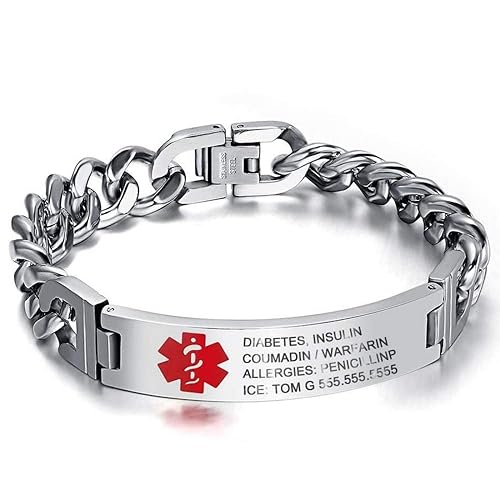 Lam Hub Fong Emergency Medical Alert Bracelets for Women Men Free Engrave Medical ID Bracelets 7.5 to 9.5 Inches Non Tarnish Tit