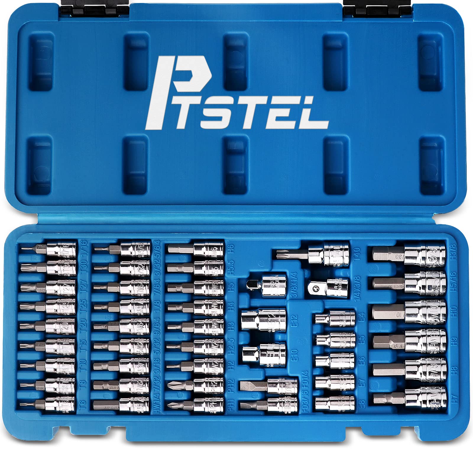PTSTEL 45Pcs Torx Bit Socket Set, Hex Bit Sockets And Female E-Torx Sockets Set, CRV Star Sockets Kit, 1/4-inch & 3/8-inch Drive