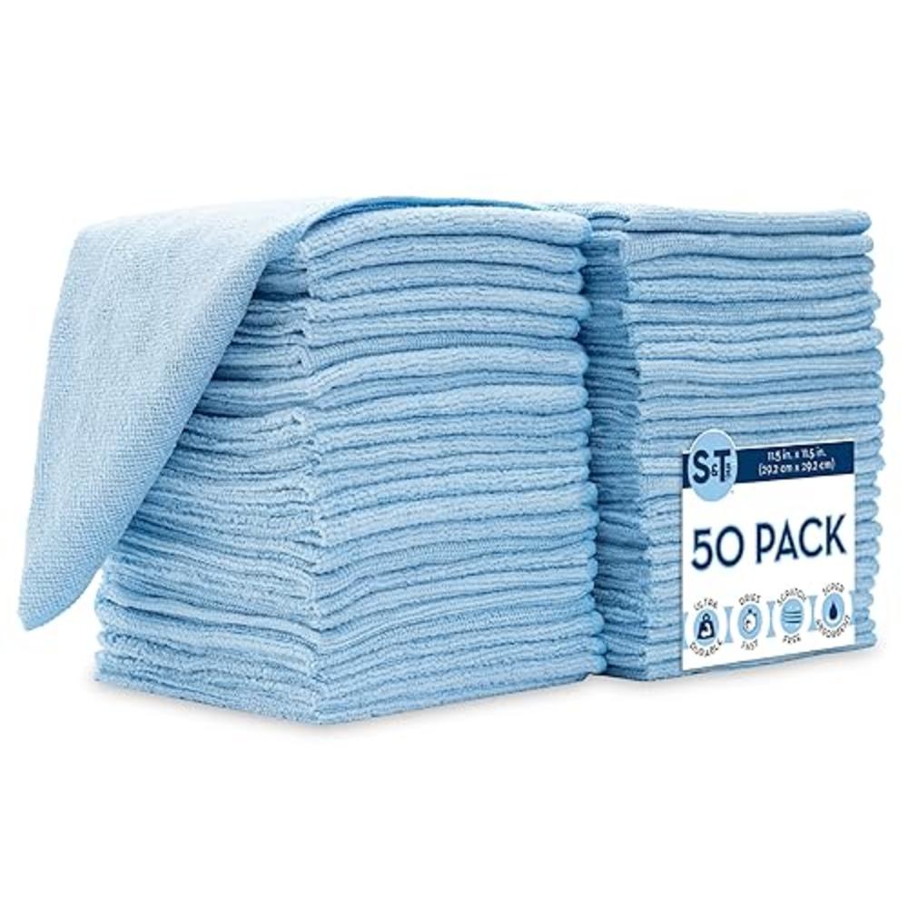 S&T INC. Microfiber Cleaning Cloth, Bulk Microfiber Towel for Home, Reusable and Lint Free Cloth Towels for Car, Light Blue, 11.