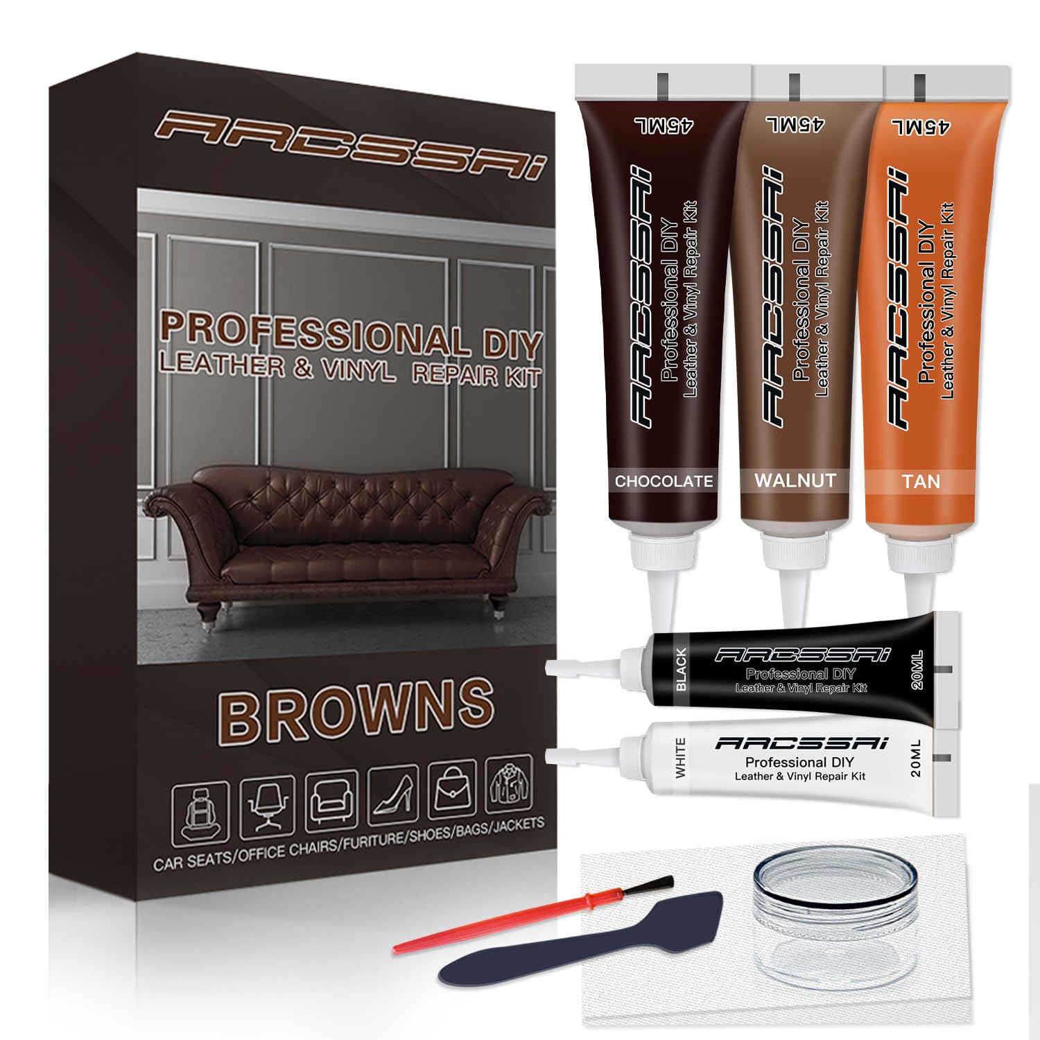 ARCSSAI ARCSSAL Brown Leather Repair Kits for Couches - Vinyl and Leather Repair Kit -Leather Paint- Leather Scratch, Tears & Burn Holes Repair 
