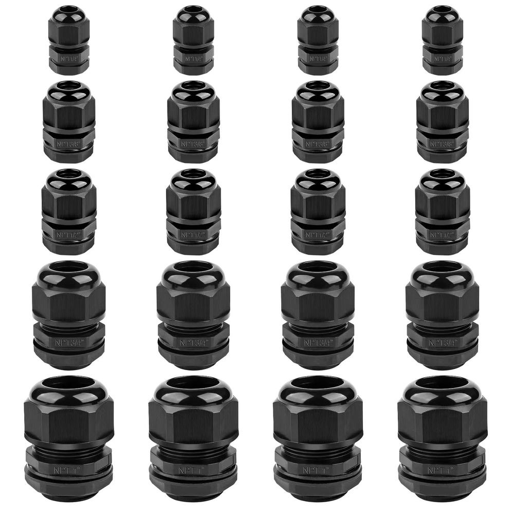 XHF IP68 Nylon Waterproof NPT Cable Glands Assortment 20pcs 1/4", 3/8'', 1/2'', 3/4'', 1'' UL Listed and RoHS Cord Grip Complian
