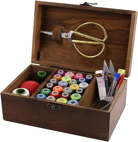 Flytreal Sewing Kit Box Basket, Wooden Hand Home Sewing Repair Tool Kit, Beginner Universal Sew Kit Accessories for Women, Men, Adults, G