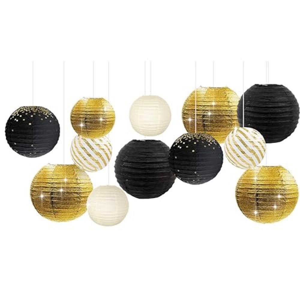 NICROLANDEE Black Gold Party Supplies - 12Pcs Black and Gold Metallic Foil Paper Lanterns Decorative for Wedding, Birthday, Baby