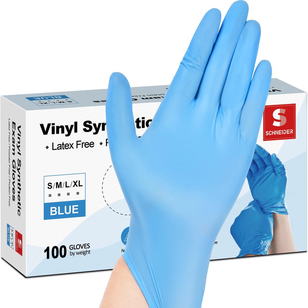 Schneider Blue Vinyl Synthetic Exam Gloves, Large, Box of 100, 4-mil, Powder-Free, Latex-Free, Non-Sterile, Disposable Gloves