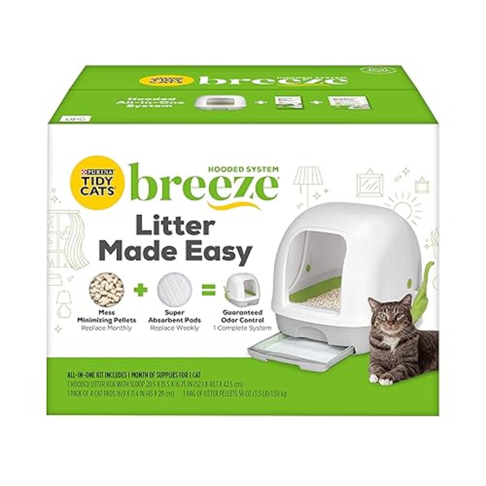 Purina Tidy Cats Hooded Litter Box System, BREEZE Hooded System Starter Kit Litter Box, Litter Pellets & Pads