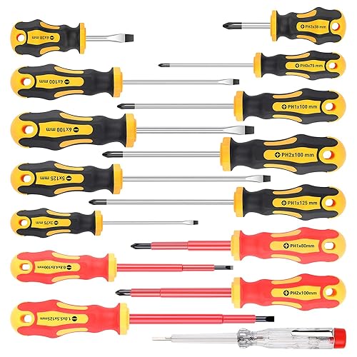 Amartisan 15-Piece Magnetic Screwdrivers Set, 5 Phillips Slotted Tips and Insulated Screwdriver Set (1000V)，Professional Cushion