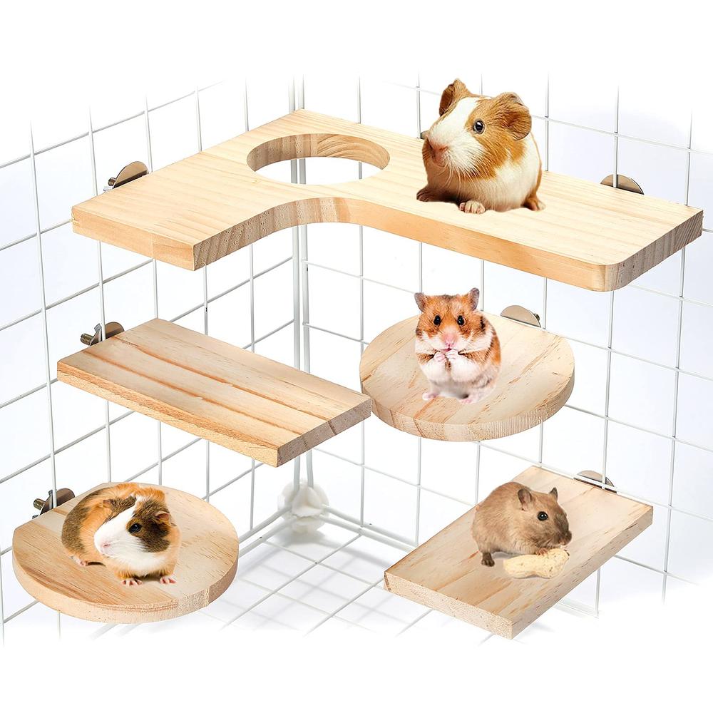 HGPOKLVT Hamster Cage Accessories Wooden Platform Chinchilla L-Shaped Round Hole Wooden Playing Platform, 5Pcs of Wooden Pedal Toys, Prov