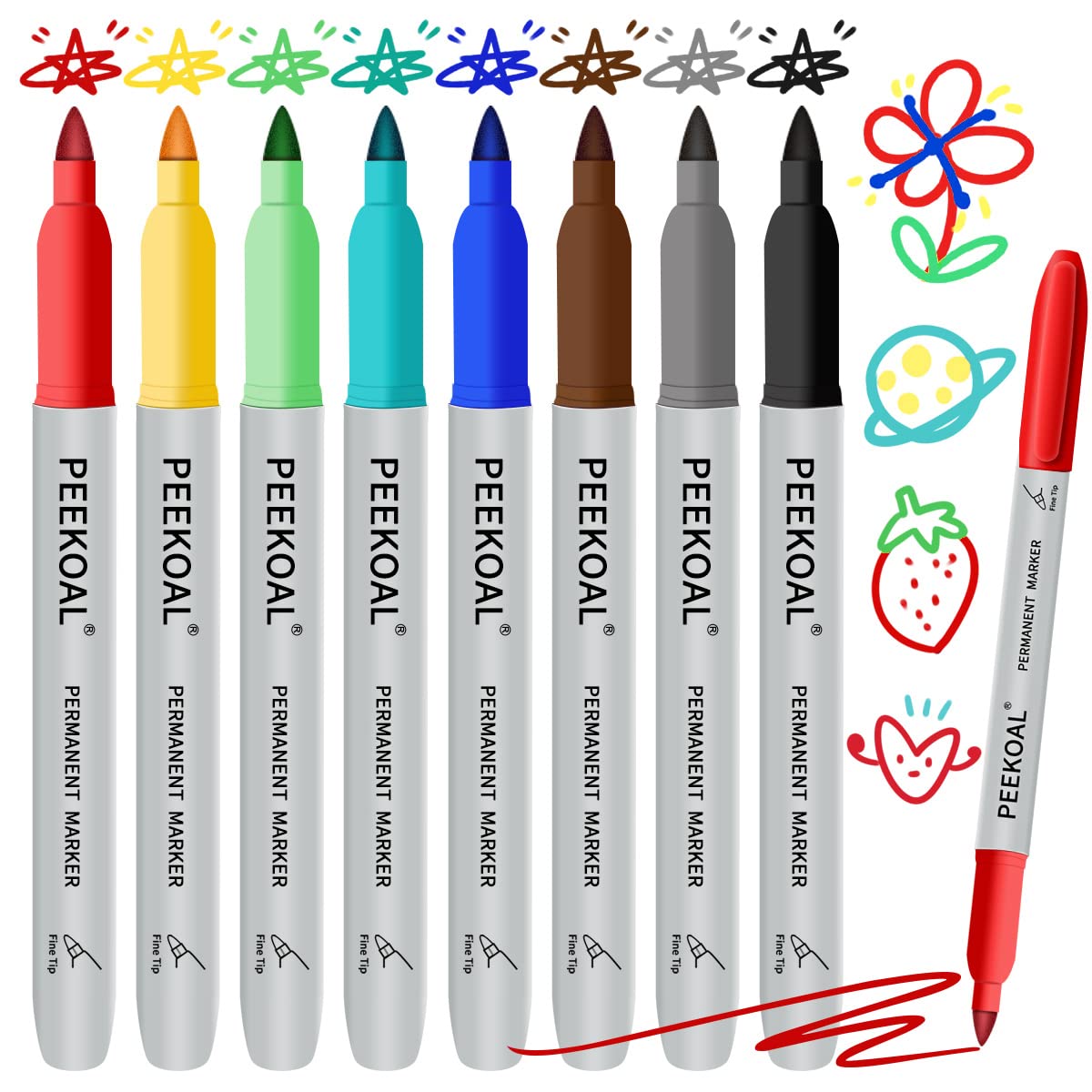 peekoal PEEKOAL 8 Pack Assorted Colors Permanent Markers, Fine Tip Colored  Markers Pens for Adult Coloring Journaling Marking Drawing, A