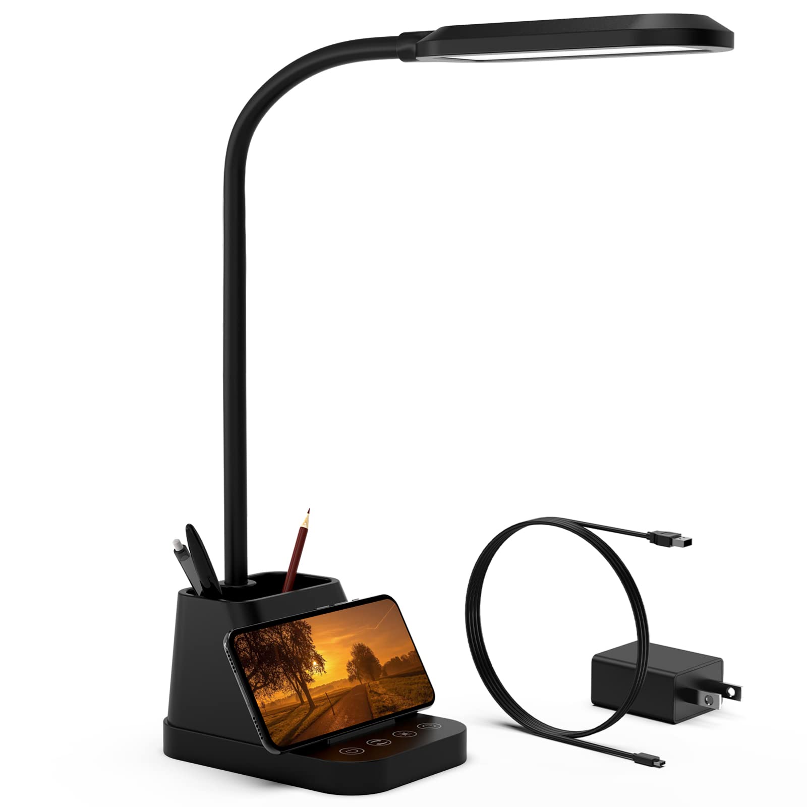 AXX White Desk Lamp, Gooseneck LED Desk Lamp for Kids - Desk Lights for Home Office - USB Charging Port, 650LM, Modern, Pen Hold