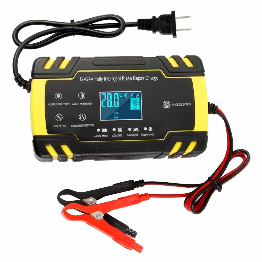 ODOMY 12V/24V Smart Battery Charger | Pulse Repair Charger with LCD Display | Intelligent Mode Overvoltage Protection Temperatur