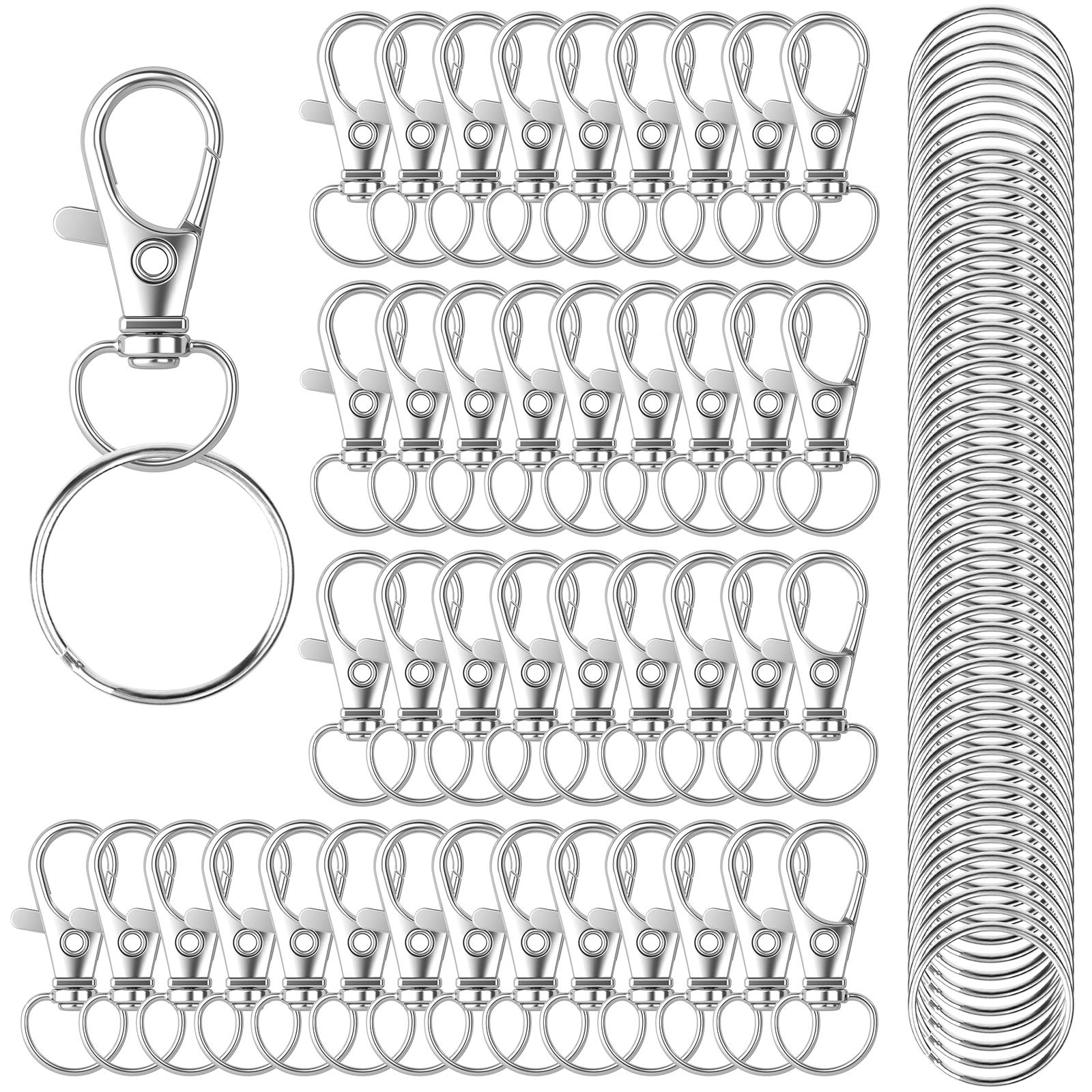 DSUWAZU 100pcs Keychain Hooks with Key Rings Metal Swivel Lobster Claw Clasps for Keychain Clip Lanyard Jewelry Making Crafts (Silver)