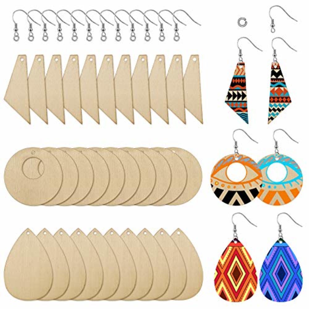 Hicarer 60 Pieces Unfinished Wooden Earrings Pendants Blank Teardrop and Tapered Cutout Pendants with 60 Pieces Earring Hooks and 60 Pie