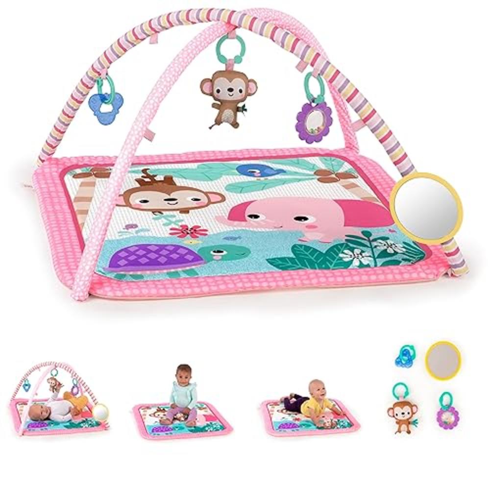 Bright Starts Floral Safari Baby Activity Gym Machine Washable Play Mat with 4 Toys, Newborn and up - Pink and Purple, 32x32x18 