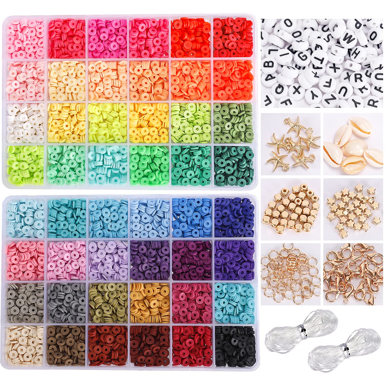Quefe 6300pcs Clay Beads with 130pcs Letter Beads, Polymer Clay Beads Kit  with Elastic String, Pendant, and Jump Rings, for DIY