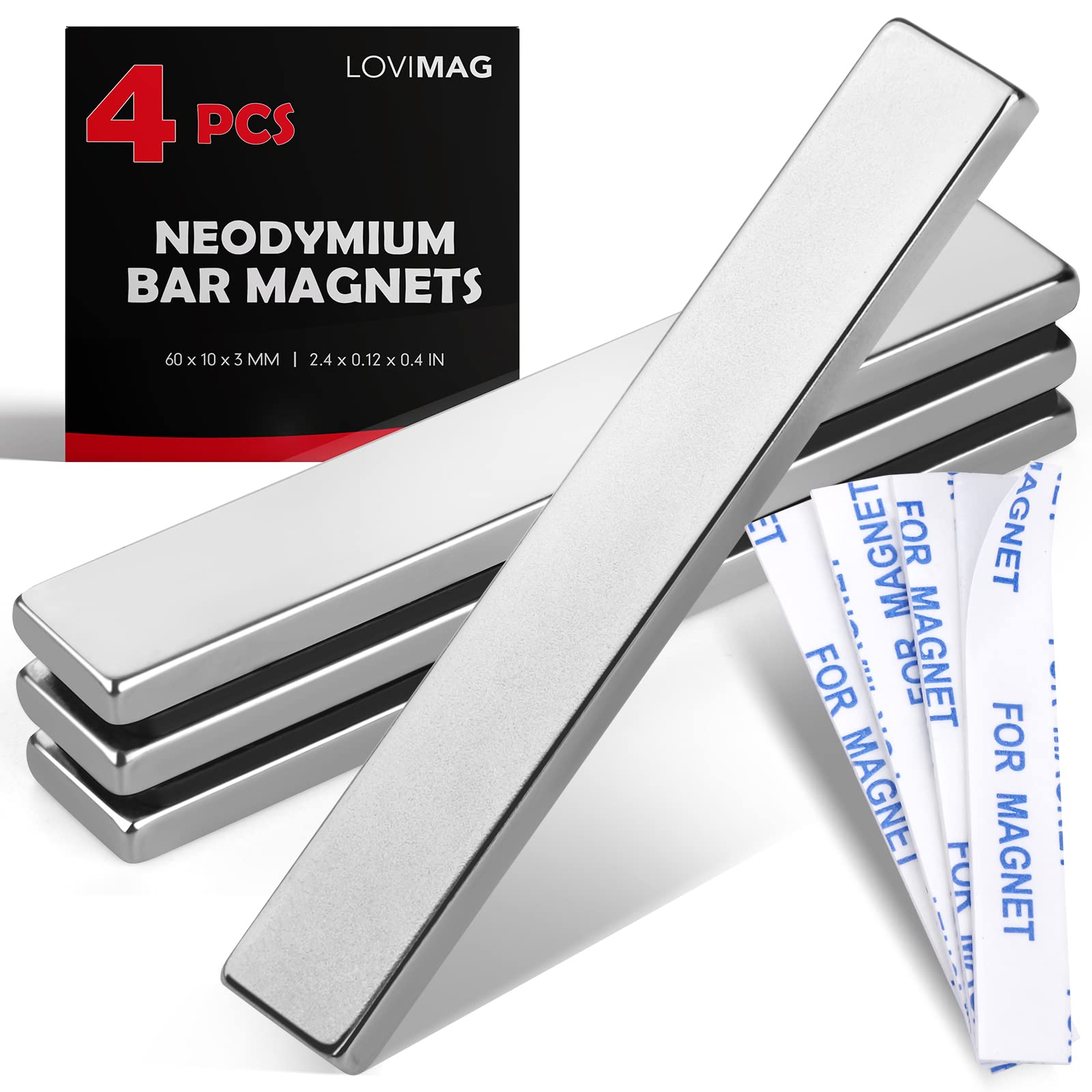 LOVIMAG Strong Neodymium Bar Magnets with Double-Sided Adhesive, Rare Earth Metal Neodymium Magnet for Fridge, Scientific, Showe