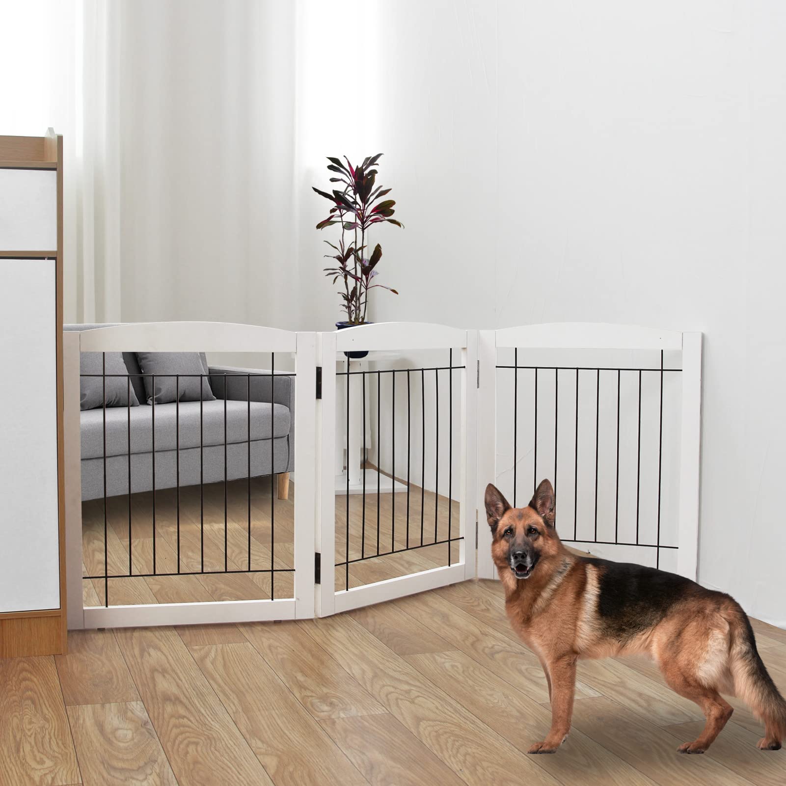 ZJSF Freestanding Foldable Dog Gate for House Extra Wide Wooden White Indoor Puppy Gate Stairs Dog Gates Doorways Pet Gate Tall 