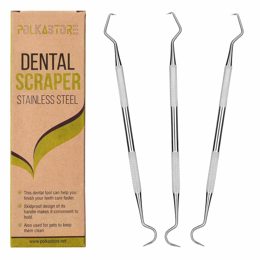 POLKASTORE Professional Dental Scraper Tool - Dentist Pick, 3-Pack Medical Stainless Steel, Dental Tarter Scraper for Tooth Stains Remover,