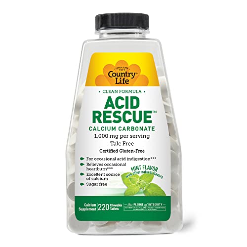 Country Life Acid Rescue Calcium Carbonate, Clean Formula, 1,000mg, Talc Free, 220 Chewable Mint Flavor Tablets, Sugar-Free, Cer