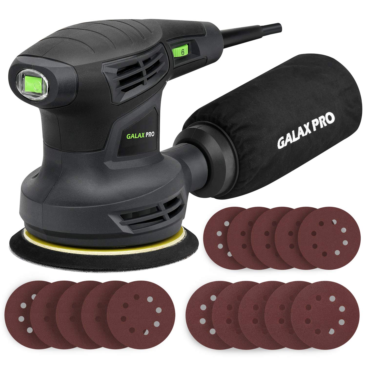 GALAX PRO 280W 13000OPM Max 6 Variable Speeds Orbital Sander with 15Pcs Sanding Discs, 5” electric Sander with Dust Collector fo