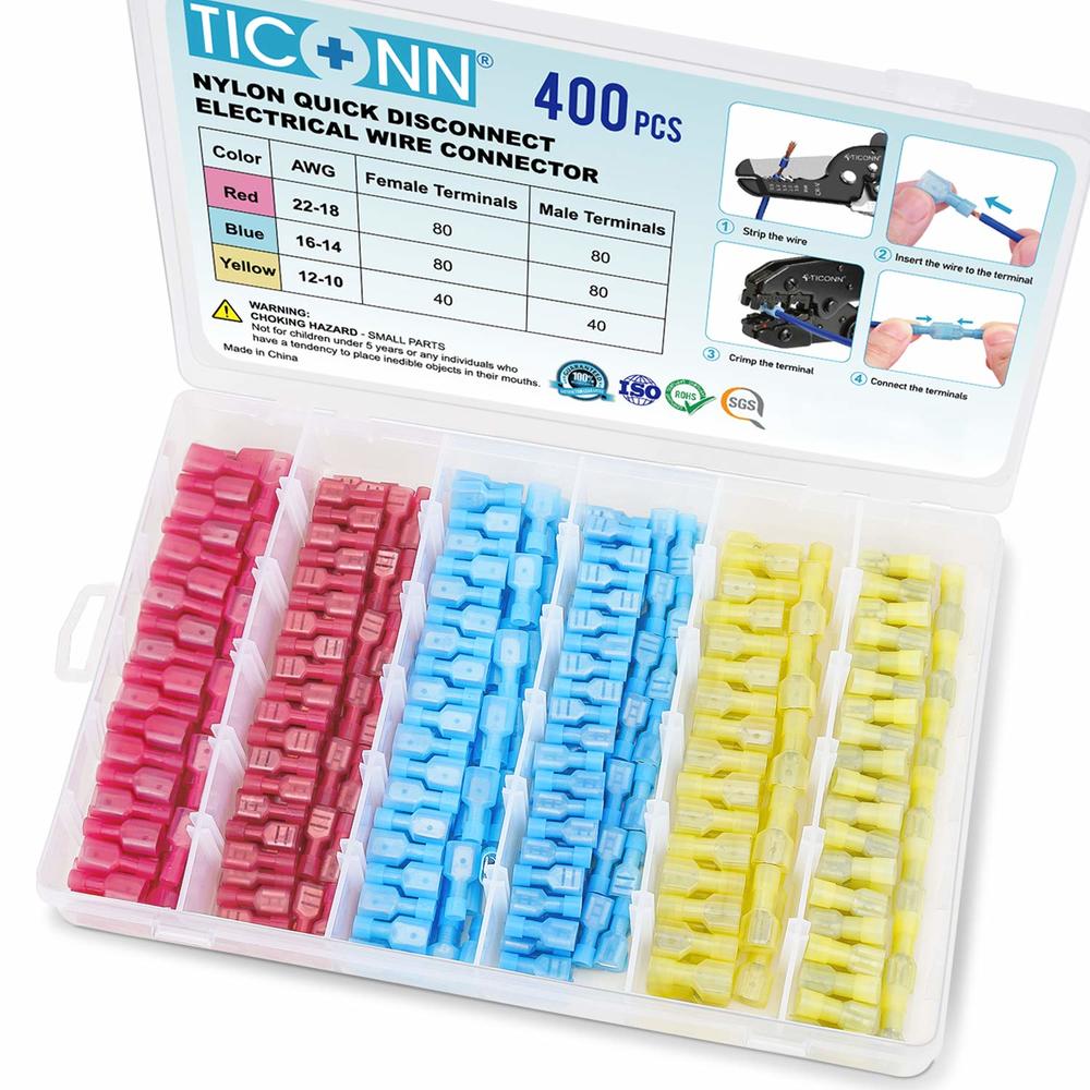 TICONN 400 Pcs Nylon Spade Quick Disconnect Connectors Kit, Electrical Insulated Terminals, Male and Female Spade Wire Crimp Ter