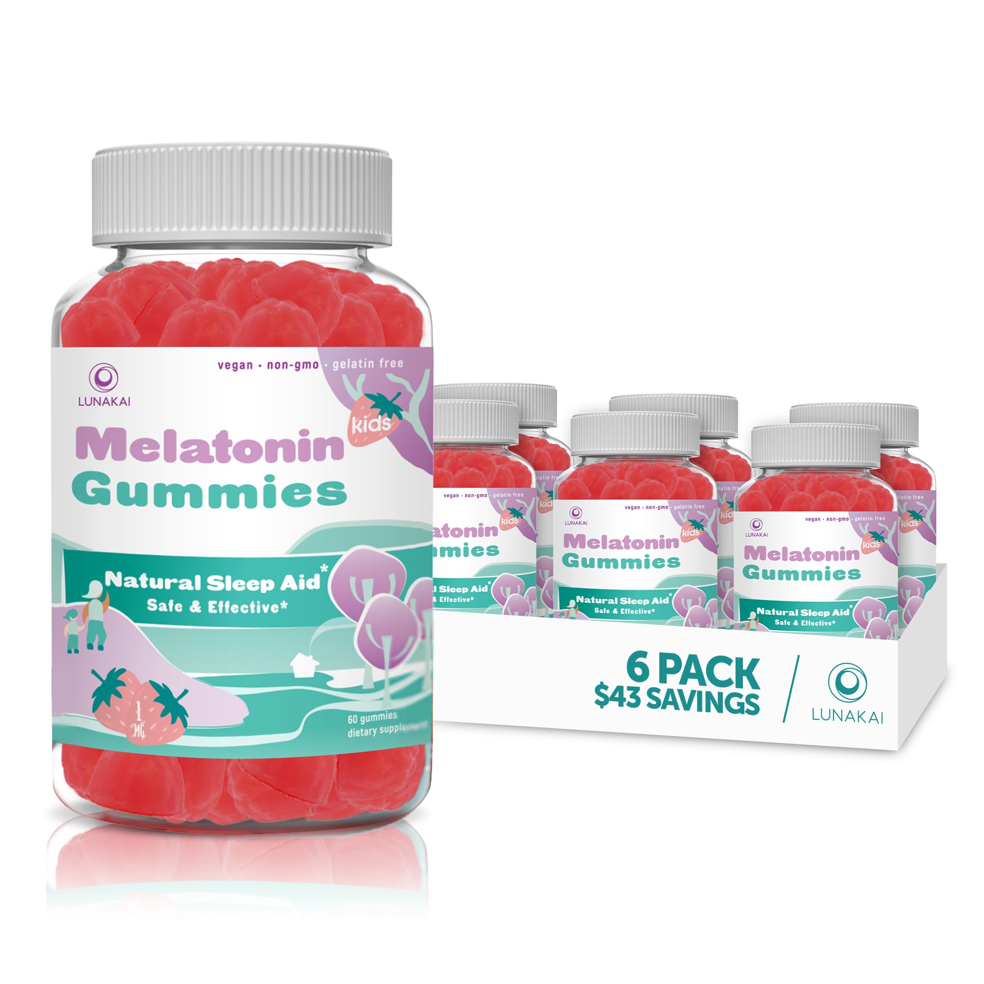 Lunakai Kids Melatonin Gummy 1mg - Tastiest Proprietary Formula - Non-GMO, Vegan, Gluten Free Chewable Low Dose Melatonin Gummies Kids &