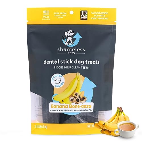Shameless Pets Dental Treats for Dogs, Banana Bone-Anza - Healthy Dental Sticks with Hip & Joint Support for Teeth Cleaning & Fr