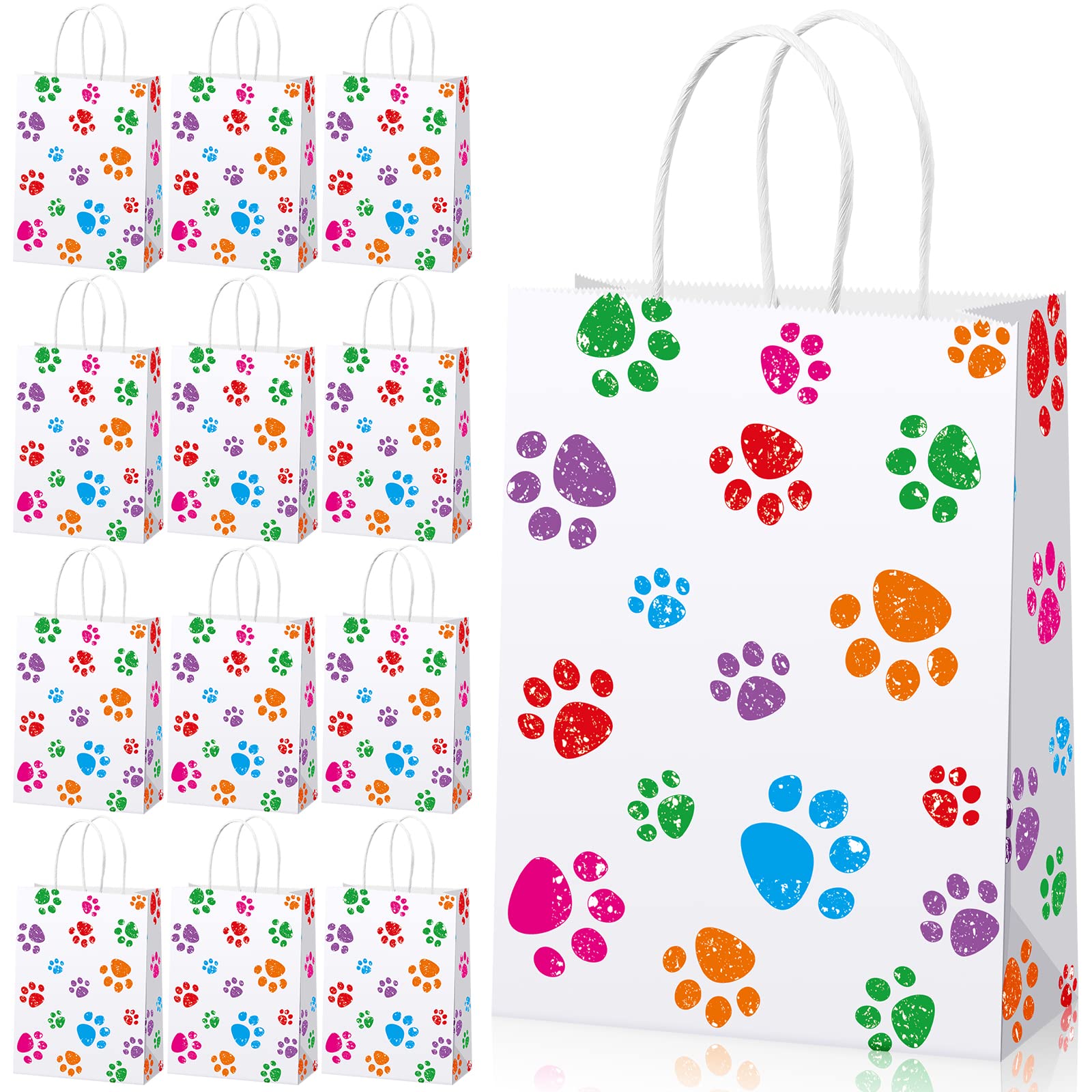 Blulu 20 Pcs Puppy Dog Paw Print Gift Bags with Paper Twist Handles, Dog Gift Bags Paper Paw Print Treat Goodie Bags for PET Tre